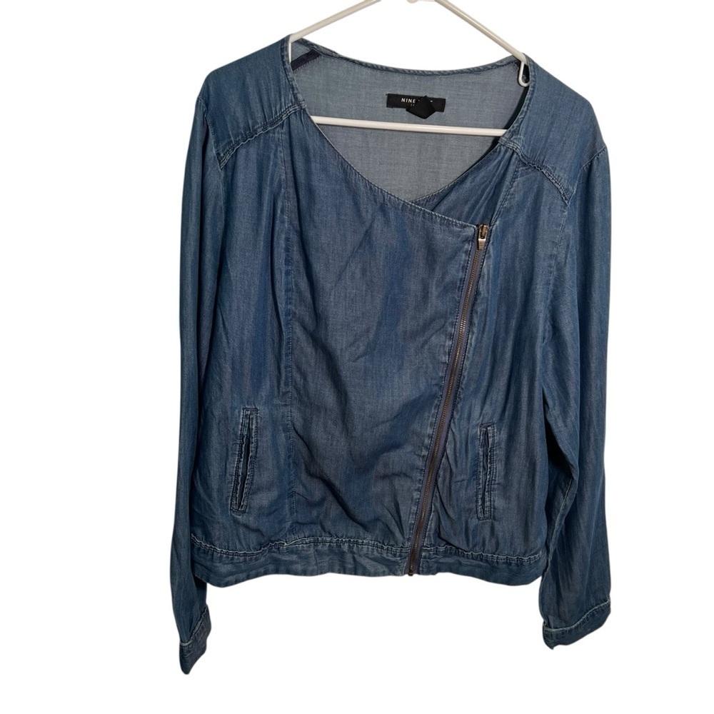 Nine West Jeans Women's Sz Large Chambray Moto Jacket Asymmetric Full Zip Cotton